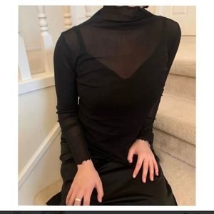 Black Sheer Ruffled Turtle-neck Top